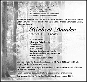 Traueranzeige von Herbert Dumler von Südthüringer Presse