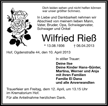 Traueranzeige von Wilfried Rieß von Frankenpost