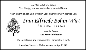 Traueranzeige von Elfriede Böhm-Wirt von Südthüringer Presse