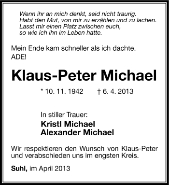Traueranzeige von Klaus-Peter Michael von Südthüringer Presse