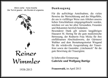Traueranzeige von Reiner Wimmler von Südthüringer Presse