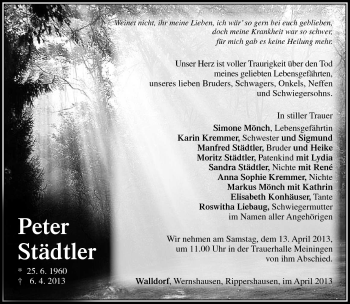 Traueranzeige von Peter Städtler von Südthüringer Presse