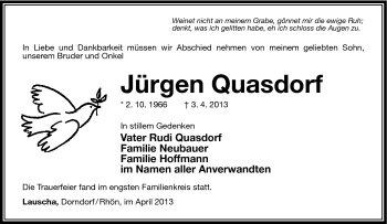 Traueranzeige von Jürgen Quasdorf von Südthüringer Presse