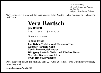 Traueranzeige von Vera Bartsch von Südthüringer Presse