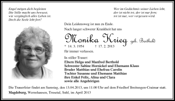 Traueranzeige von Monika Krieg von Südthüringer Presse