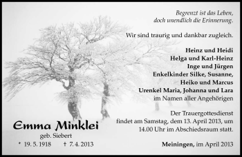 Traueranzeige von Emma Minklei von Südthüringer Presse