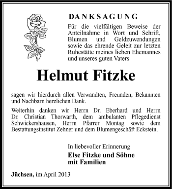 Traueranzeige von Helmut Fitzke von Südthüringer Presse