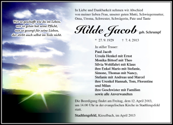 Traueranzeige von Hilde Jacob von Südthüringer Presse