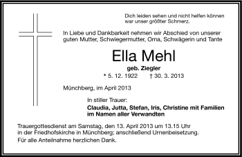 Traueranzeige von Ella Mehl von Frankenpost