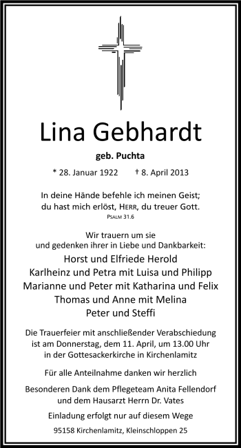 Traueranzeige von Lina Gebhardt von Frankenpost