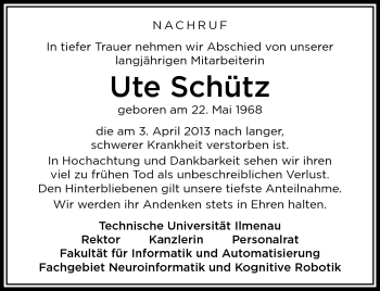 Traueranzeige von Ute Schütz von Südthüringer Presse