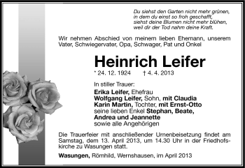 Traueranzeige von Heinrich Leifer von Südthüringer Presse