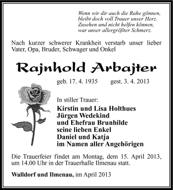 Traueranzeige von Rajnhold Arbajter von Südthüringer Presse