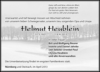 Traueranzeige von Helmut Heublein von Südthüringer Presse