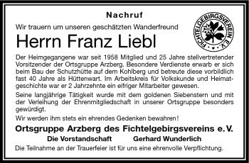 Traueranzeige von Franz Liebl von Frankenpost