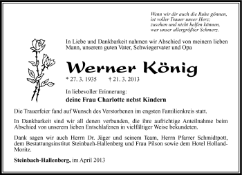 Traueranzeige von Werner König von Südthüringer Presse