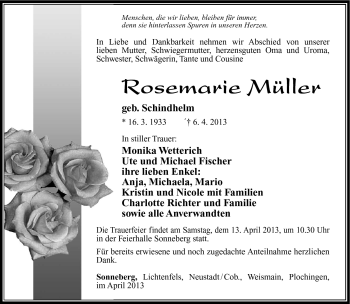 Traueranzeige von Rosemarie Müller von Südthüringer Presse