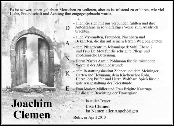 Traueranzeige von Joachim Clemen von Südthüringer Presse
