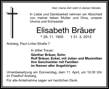 Traueranzeige von Elisabeth Bräuer von Frankenpost