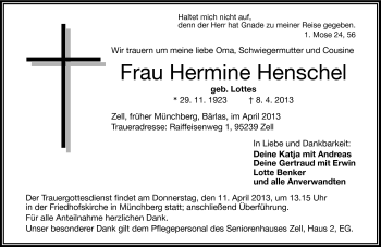 Traueranzeige von Hermine Henschel von Frankenpost