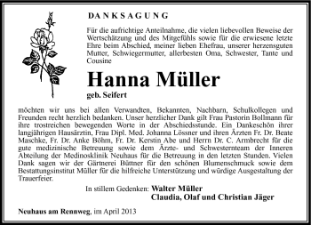Traueranzeige von Hanna Müller von Südthüringer Presse