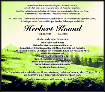 Traueranzeige von Herbert Kowal von Südthüringer Presse