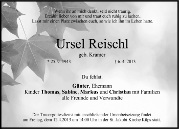 Traueranzeige von Ursel Reischl von Neue Presse Coburg