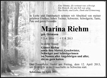 Traueranzeige von Marina Riehm von Südthüringer Presse