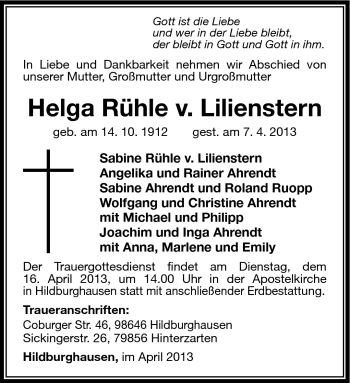 Traueranzeige von Helga Rühle v. Lilienstern von Südthüringer Presse