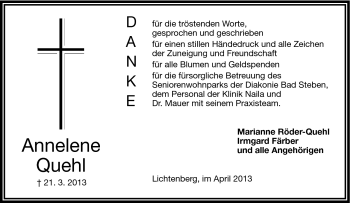 Traueranzeige von Annelene Quehl von Frankenpost