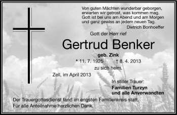Traueranzeige von Gertrud Benker von Frankenpost
