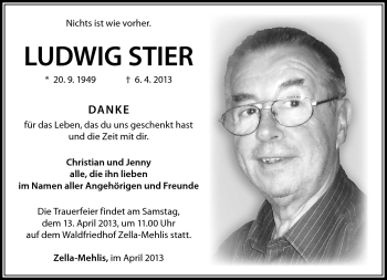 Traueranzeige von Ludwig Stier von Südthüringer Presse