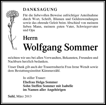 Traueranzeige von Wolfgang Sommer von Südthüringer Presse