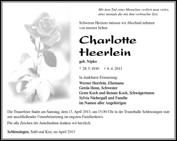 Traueranzeige von Charlotte Heerlein von Südthüringer Presse