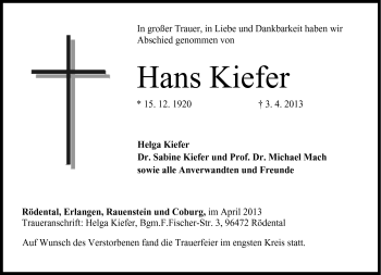 Traueranzeige von Hans Kiefer von Neue Presse Coburg