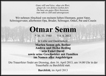 Traueranzeige von Otmar Semm von Südthüringer Presse