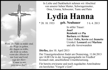 Traueranzeige von Lydia Hanna von Neue Presse Coburg