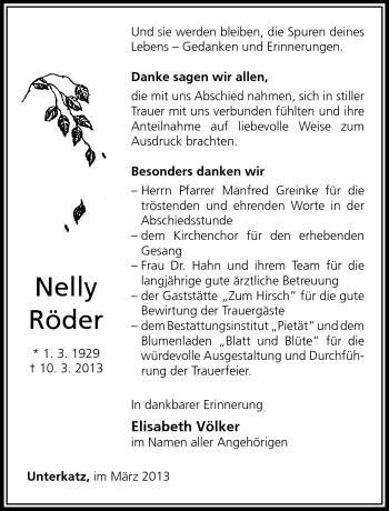 Traueranzeige von Nelly Röder von Südthüringer Presse