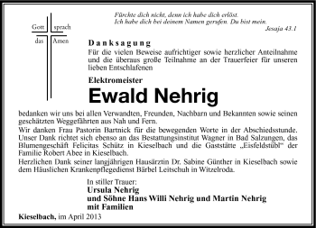 Traueranzeige von Ewald Nehrig von Südthüringer Presse