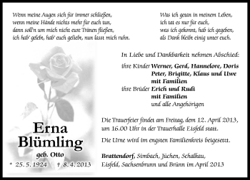 Traueranzeige von Erna Blümling von Südthüringer Presse