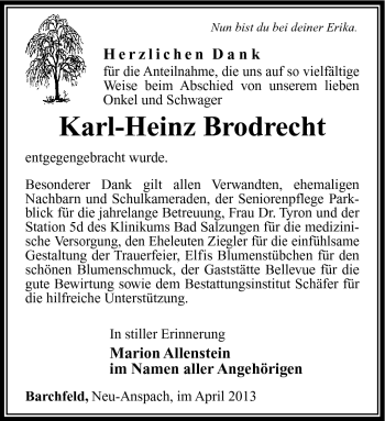 Traueranzeige von Karl-Heinz Brodrecht von Südthüringer Presse