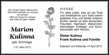 Traueranzeige von Marion Kulinna von Südthüringer Presse