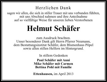 Traueranzeige von Helmut Schäfer von Südthüringer Presse