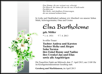 Traueranzeige von Elsa Bartholome von Südthüringer Presse