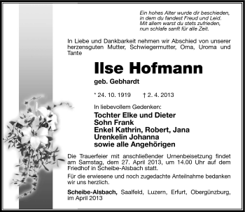 Traueranzeige von Ilse Hofmann von Südthüringer Presse
