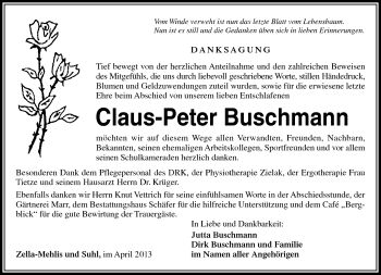 Traueranzeige von Claus-Peter Buschmann von Südthüringer Presse