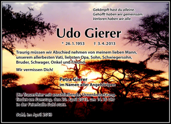 Traueranzeige von Udo Gierer von Südthüringer Presse