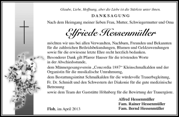Traueranzeige von Elfriede Hessenmüller von Südthüringer Presse