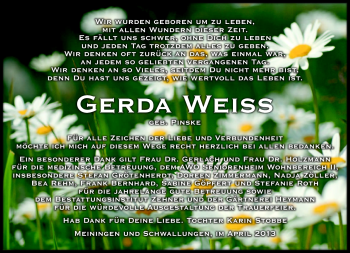 Traueranzeige von Gerda Weiß von Südthüringer Presse