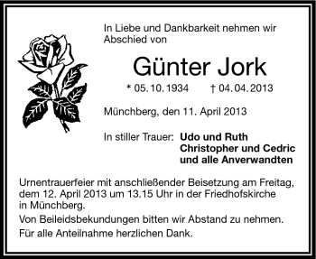 Traueranzeige von Günter Jork von Frankenpost